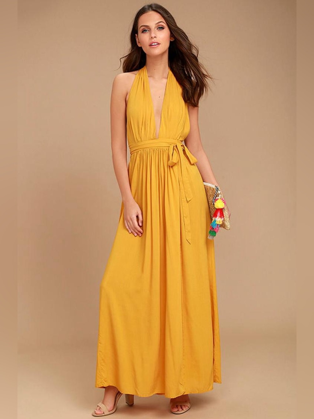 Lulus Magical Movement Mustard Yellow Wrap Maxi Dress S